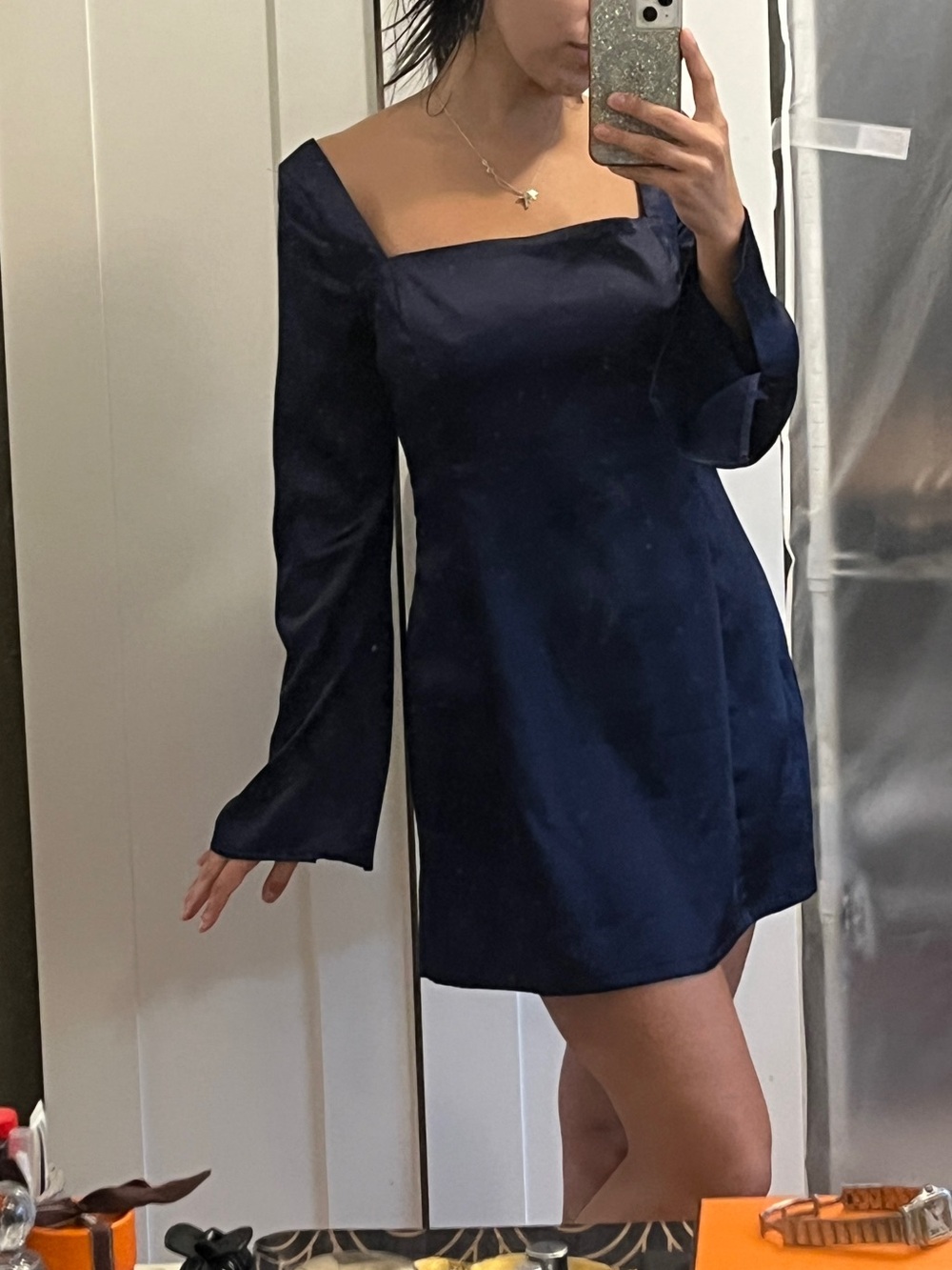 wild fable Satin Navy Square-Neck Mini Dress